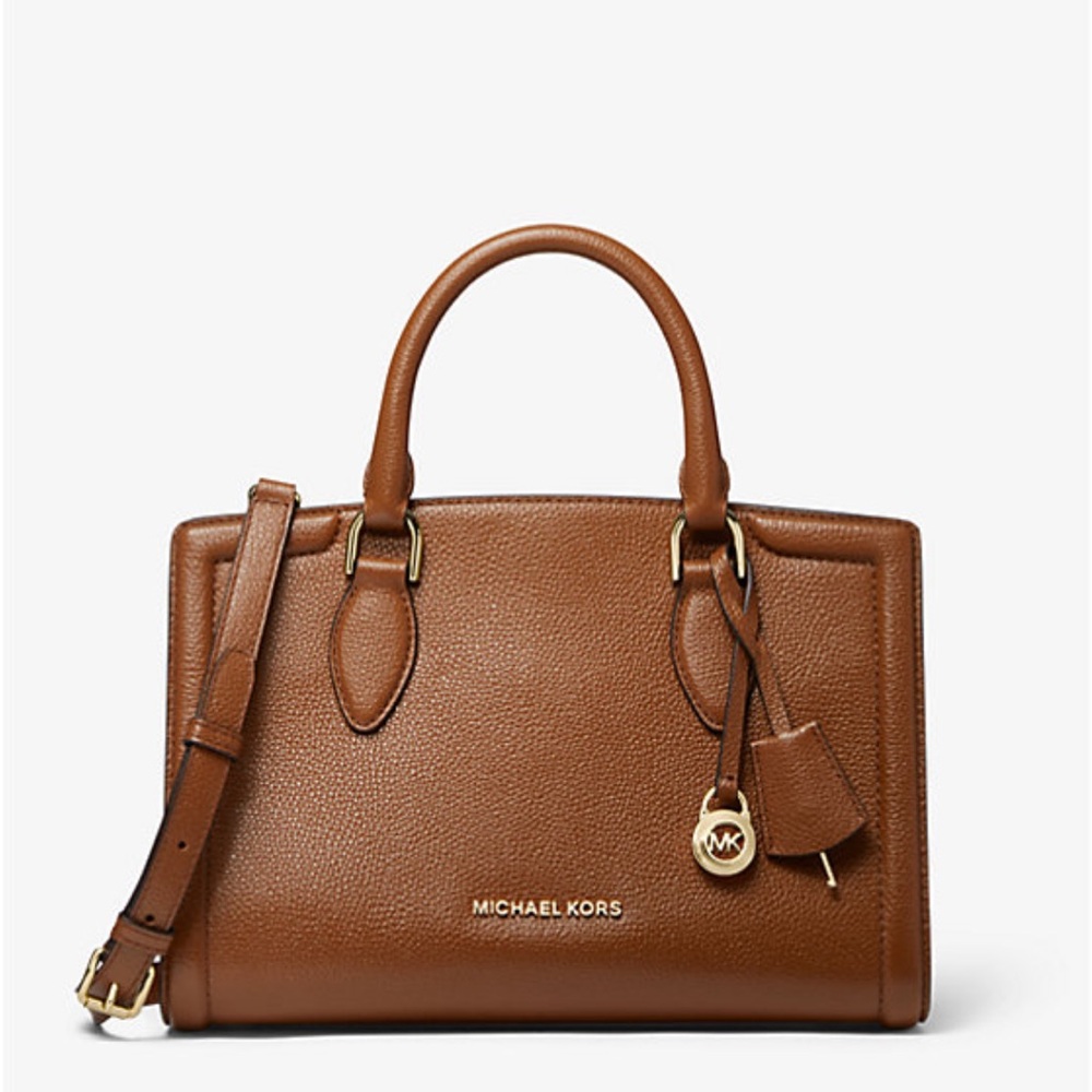 Brown Michael Kors Zoe Medium Pebbled Leather Satchel with Gold Hardware
